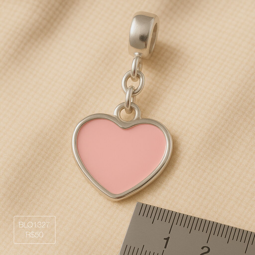 Berloque Coração G Rosa Bebê Pendurado Esmaltado Prateado